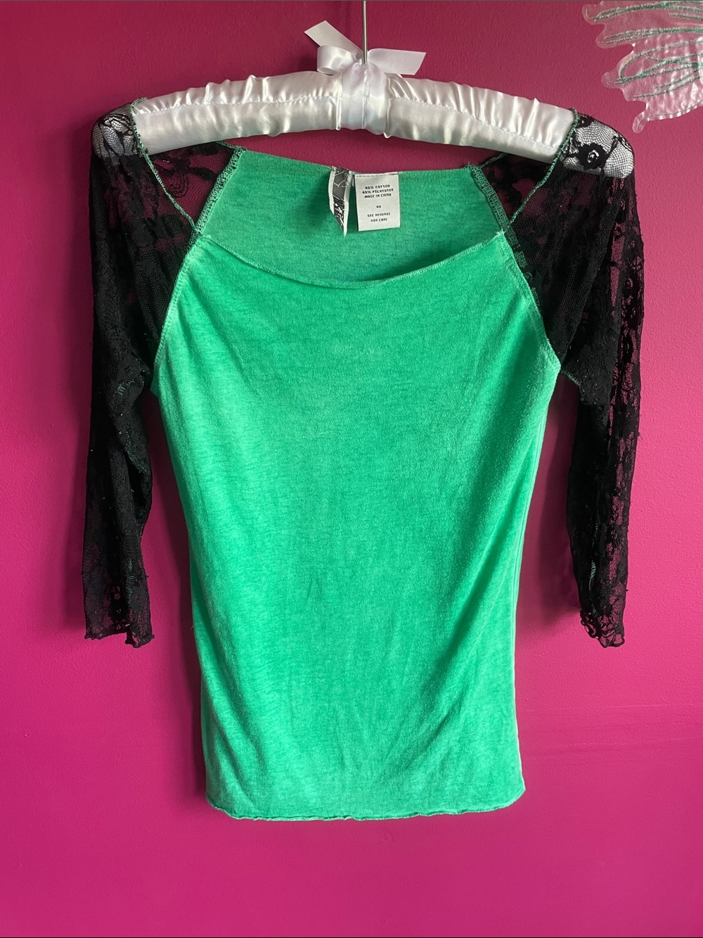 2000s Vintage BkE Emerald Green Top with Black Lace Sleeves